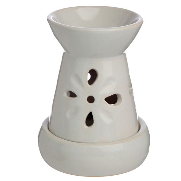 Ceramiczny podgrzewacz olejków i wosku tarta z wyciętymi kwiatami "Eden" biały