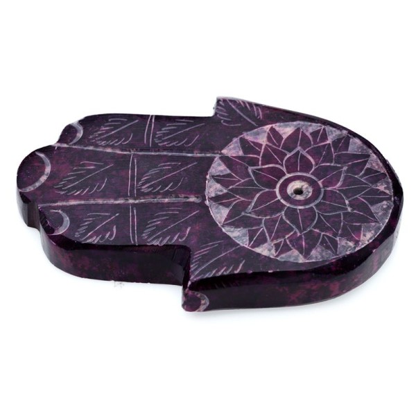 Podstawka Rzeźbiona steatytowa na kadzidełka w kształcie ręki z motywami Czakr - fioletowa