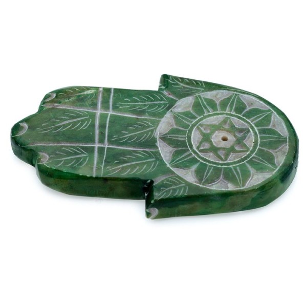 Podstawka Rzeźbiona steatytowa na kadzidełka w kształcie ręki z motywami Czakr  zielona