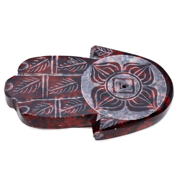 Podstawka Rzeźbiona steatytowa na kadzidełka w kształcie ręki z motywami Czakr czerwona