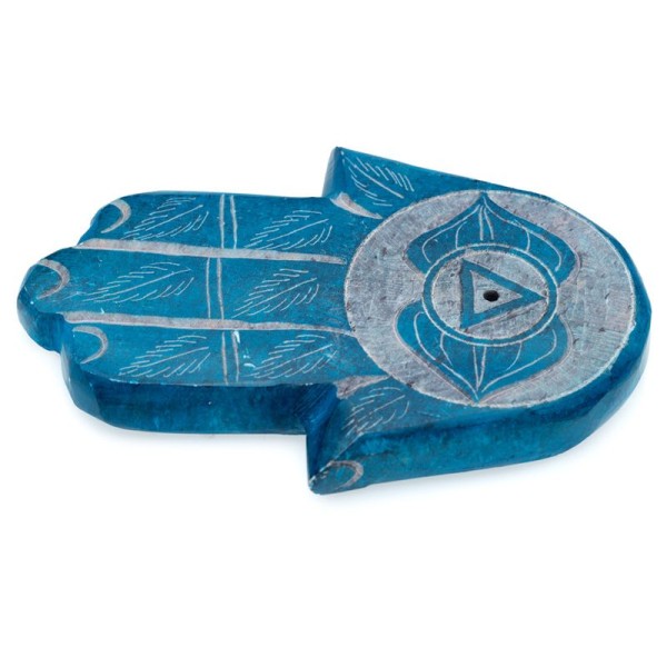 Podstawka Rzeźbiona steatytowa na kadzidełka w kształcie ręki z motywami Czakr - niebieska