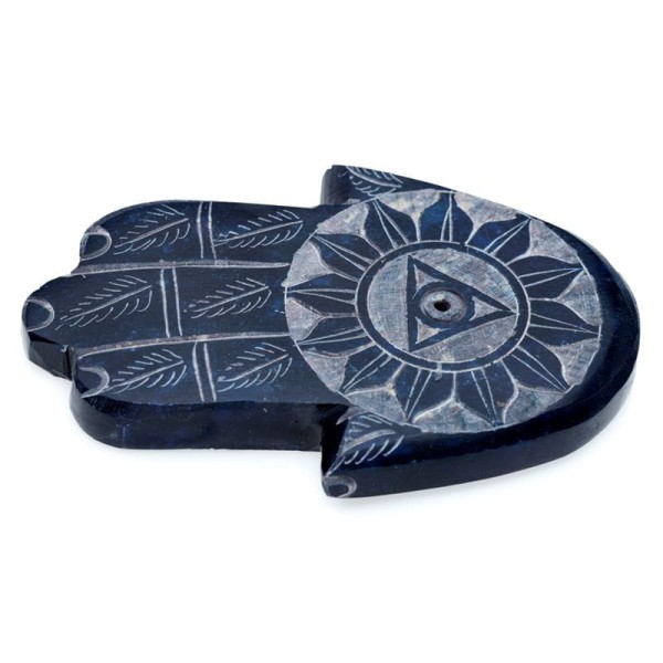 Podstawka Rzeźbiona steatytowa na kadzidełka w kształcie ręki z motywami Czakr - granatowy