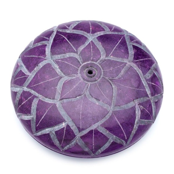 Podstawka rzeźbiona steatytowa na kadzidełka w kształcie owalu z motywami Czakr - fioletowa