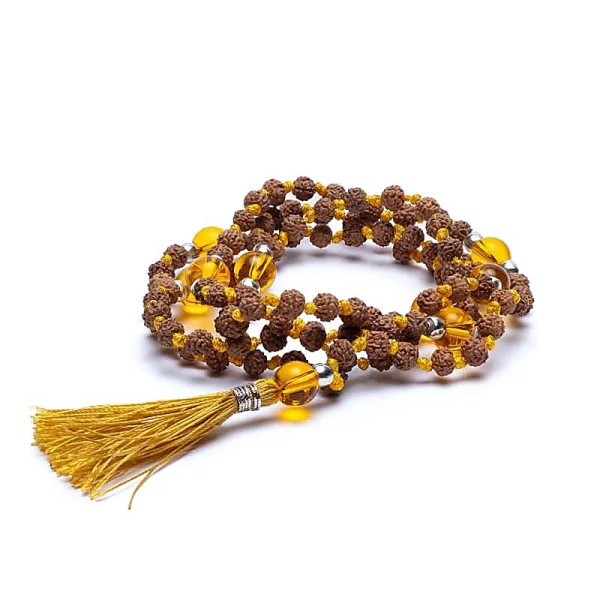 Buddyjska Mala Rudraksha i cytryn (palony ametyst) 33cm