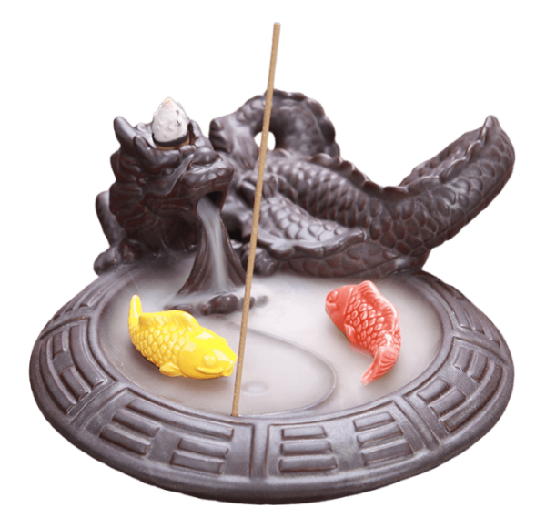 Podstawka, kominek na kadzidło z przepływem zwrotnym Smok/Ryba Koi 17 cm