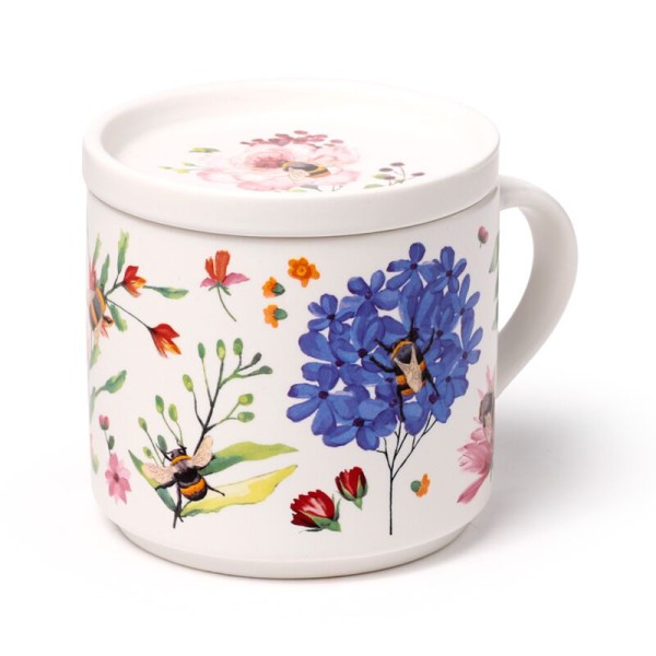 Kubek Porcelanowy  400 ml z pokrywką Kwiatowy Wzór 